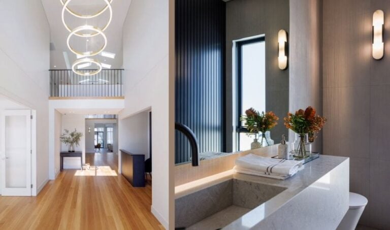two photos of home lighting featuring a pendant light and a bathroom light